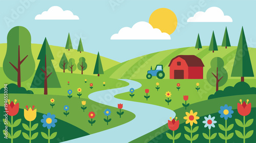 Colorful flat design illustration of a vibrant farm landscape with barn and tractor