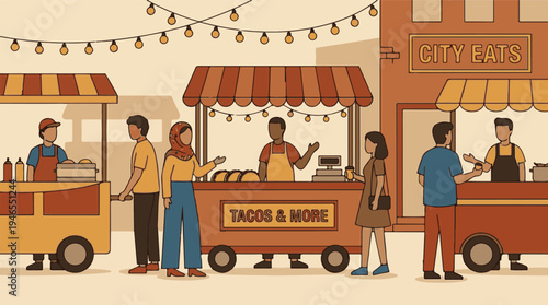 Urban street food market scene with diverse people buying meals from stalls.