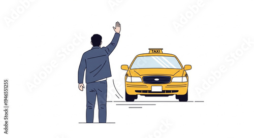 Man Hailing Yellow Taxi Cab.