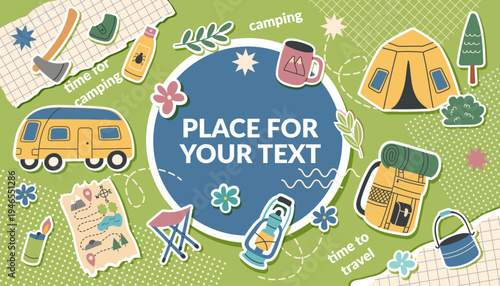 Camping collage banner with travel objects in pop art style6. The concept of travel, camping, hiking and outdoor recreation. Vector flat template.