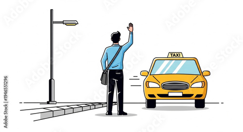 Man Hailing Yellow Taxi Cab.