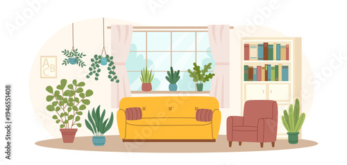 Living room interior with sofa, armchair, window, bookcase and houseplants. Concept of relax, greening, psychotherapy, sustainability. Vector hand drawn banner.