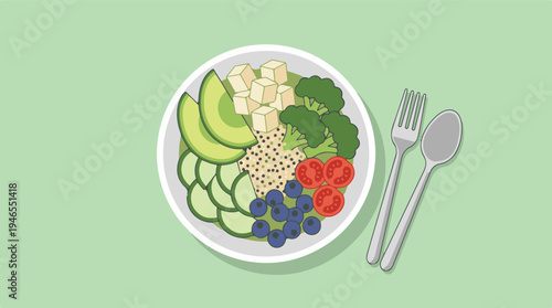 Healthy nutrient-rich vegan buddha bowl with fresh ingredients and cutlery