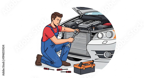 Mechanic Working on Car Engine.