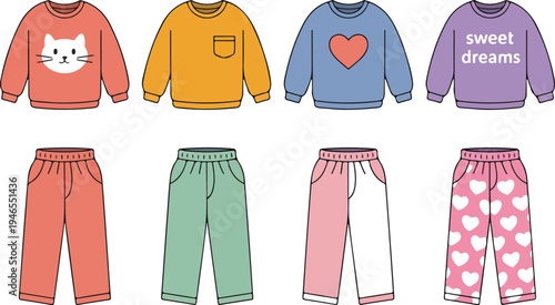 Cute kids pajama clothing illustration set with cozy sweaters and pants pastel sleepwear outfits for children bedtime fashion