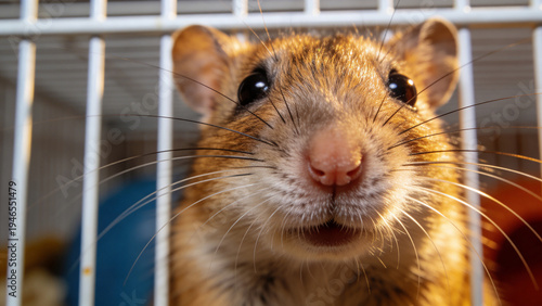 Close-up view of animal husbandry with a small rodent inside a cage at a farm setting