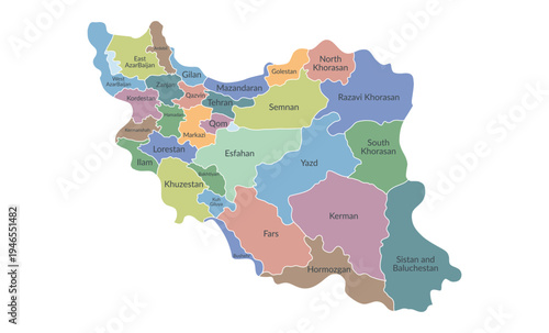 Iran detailed multicolored political map isolated on white background. Vector flat template.