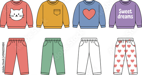 Cute kids pajama clothing illustration set with cozy sweaters and pants pastel sleepwear outfits for children bedtime fashion