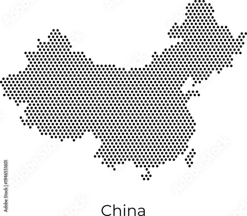 Stylized dotted vector map of China featuring a modern black hexagonal pattern on a clean white background, ideal for travel, geography, and minimalist infographic design.
