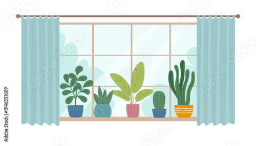 Vector flat clipart of window with curtains and houseplants isolated on white background.