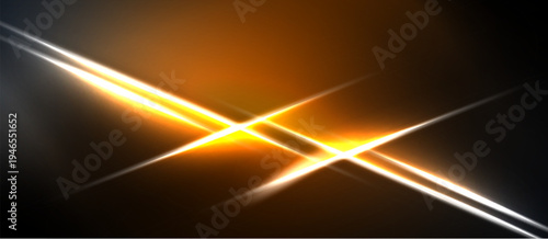 Bright light streaks intersect. Orange, yellow hues dominate dark background. Abstract energy radiates from central point.