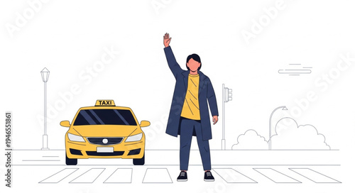 Man Hailing Yellow Taxi Cab.