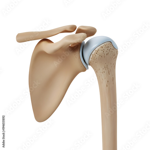 Anatomical illustration of a human scapula with shoulder joint attachment isolated on white background, illustration