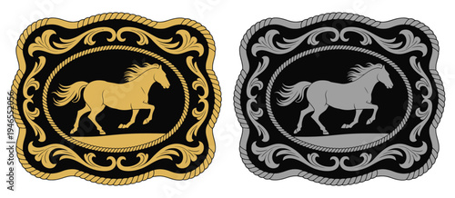 Horse Label Belt Buckle Vector Featuring Wild Western Rodeo Ranch Cowboy Style Tag Design with Gold and Silver Stylized Silhouette Equestrian Motifs Classic Western Accessory Illustration