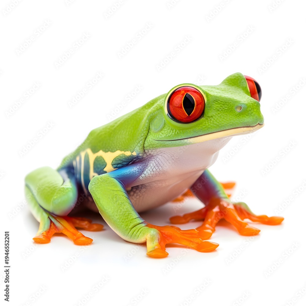 Obraz premium Vibrant red-eyed tree frog perched on a branch with orange webbing isolated on white background, illustration