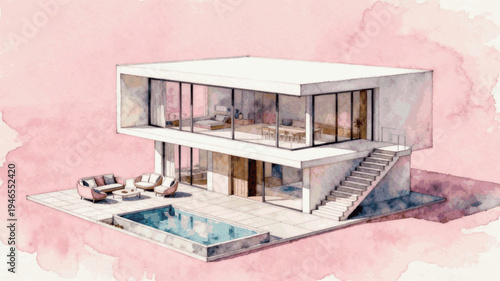 Living Space Modern Two-Story House isolated watercolor vector illustration svg