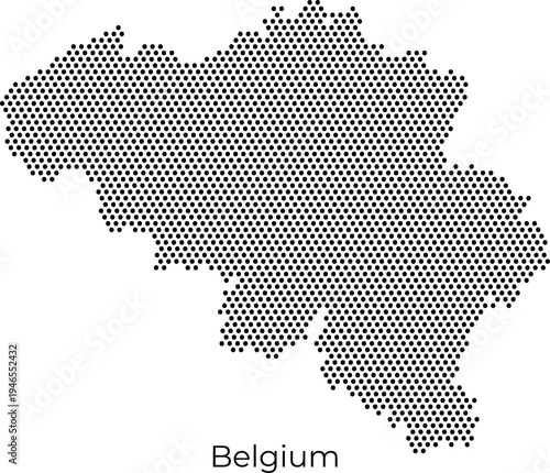 Stylized vector map of Belgium created with a black hexagonal dot pattern on a white background, perfect for modern infographics and minimalist design.