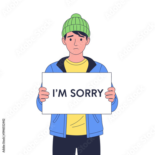 Sad Young Man Holding 'I'M SORRY' Sign, Apology, Regret, Sadness, Emotional Expression