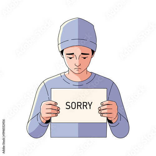 Sad young person holding a 'SORRY' sign, feeling regret and remorse