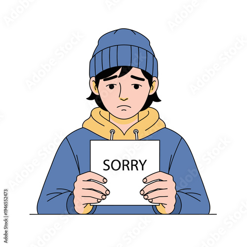Sad Young Person Holding SORRY Sign, Feeling Remorseful, Apology Concept