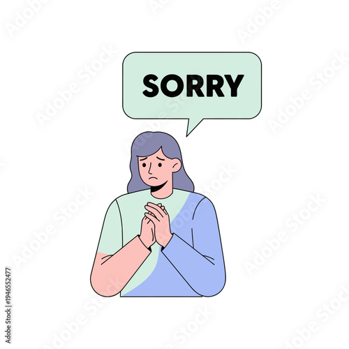 Woman apologizes with 'Sorry' speech bubble, expressing regret and remorse