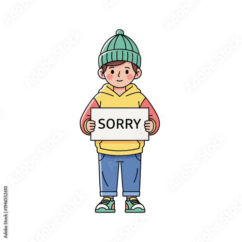 Child Holding 'Sorry' Sign, Cartoon Illustration