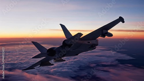 Stealth fighter jet flying above clouds at golden sunset