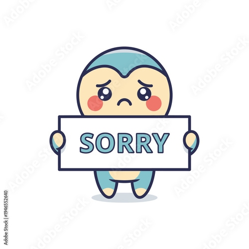 Cute Blue Creature Holding SORRY Sign, Apology, Sad Emotion, Kawaii Character