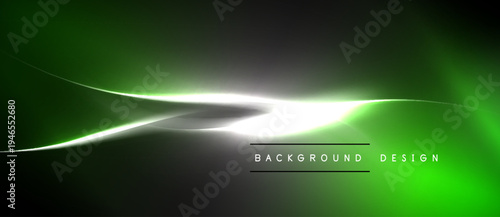 Abstract green design. Bright light streak crosses dark background. Modern, dynamic composition. Simple text overlay present.