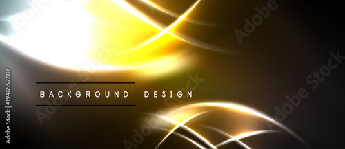 Abstract background features golden light streaks, curves, lines. Dark shades create contrast, modern design element.