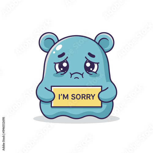 Cute Blue Monster Holding "I'm Sorry" Sign, Apology Concept