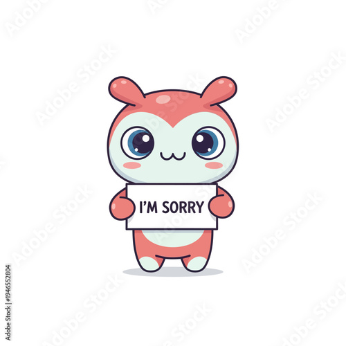 Cute Kawaii Monster Holding "I'm Sorry" Sign, Apology Expression, Adorable Character