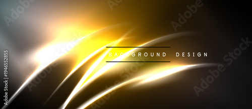 Abstract golden light streaks over dark backdrop. Smooth curves create dynamic visual effect. Text reads background design.