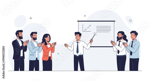 Business presentation success: team applauds speaker at whiteboard with charts