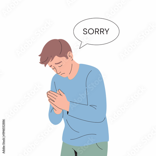 Man apologizes with hands clasped and says SORRY in speech bubble