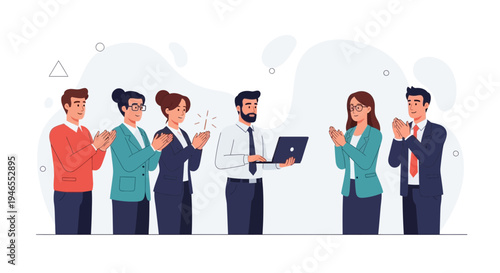 Business team applauding a colleague holding a laptop, celebrating success