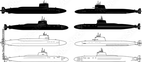 Submarine silhouette vector set, military navy submarines in black and outline styles, underwater warship illustration collection for defense technology design