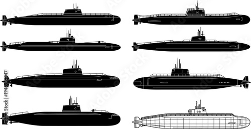 Submarine silhouettes vector set showing modern military naval submarines side view, underwater warship fleet illustration isolated white background graphic design