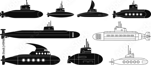 Submarine silhouettes vector illustration set, modern and military underwater vessels collection, naval transport designs, black and white isolated icons for maritime themes