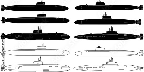 Submarine silhouettes vector illustration set, military naval vessels collection, underwater warship side views isolated on white background, modern defense design
