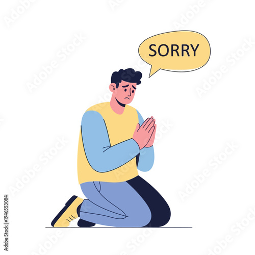 Man kneeling, hands clasped, saying sorry with a speech bubble, regretful expression.