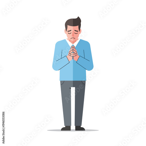 Man praying or begging with clasped hands and sad expression, isolated on white