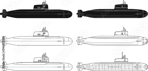 Submarine vector illustration set, black and outline military underwater vessels for naval engineering, defense technology, maritime design, technical schematics collection
