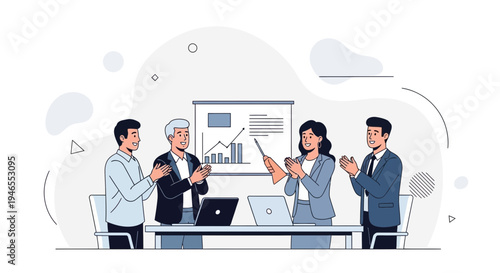 Business team applauding success at meeting with presentation chart and laptops