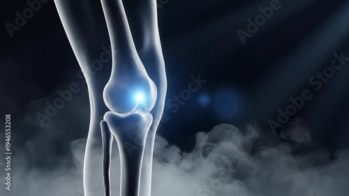 Stylized human knee joint with glowing blue light.