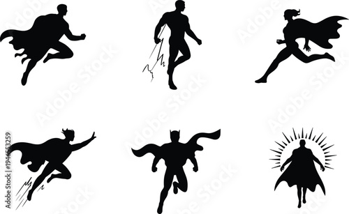 Superhero silhouettes flying and running in action poses with cape, powerful comic hero vector illustration for strength, courage, and heroism concept.