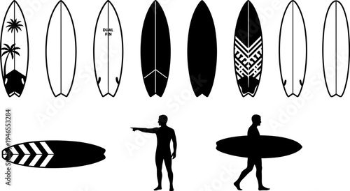 Surfboard shapes and surfer silhouette vector collection, modern surf boards designs and human figures, beach water sport icons isolated on white background
