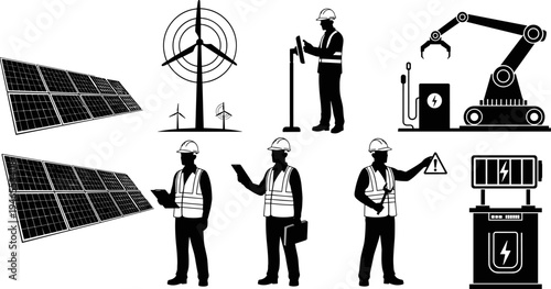 Sustainable Technology, Engineering, and Manufacturing Vector Icons Set, featuring Solar Panels, Wind Turbine, Industrial Robotic Arm, Battery Station, and Skilled Engineers, for Modern Green Industry