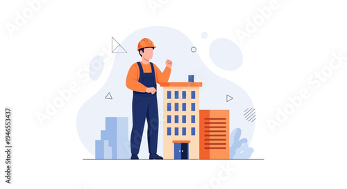Construction worker in hard hat standing by buildings, illustration