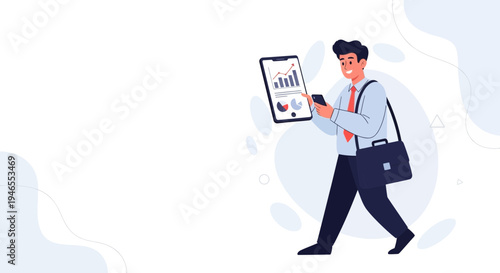 Businessman checking financial data on smartphone and tablet while walking